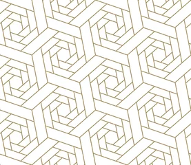 Behang Naadloze patroon met abstracte geometrische lijn textuur, goud op witte achtergrond. Licht modern eenvoudig behang, heldere tegelachtergrond, zwart-wit grafisch element © nadiinko