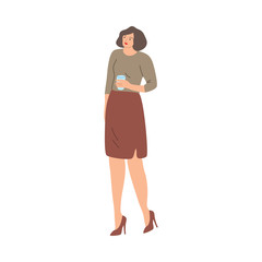 Black-haired young woman in brown skirt standing with a glass of water. Vector illustration in cartoon style.