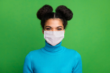 Closeup photo of beautiful pretty dark skin lady good mood wear blue turtleneck sweater use...
