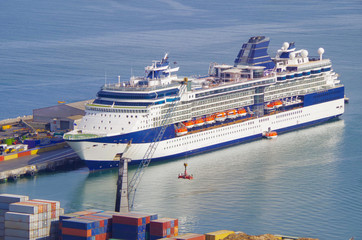 Celebrity Cruises cruiseship or cruise ship liner Celebrity Infinity in port of Arica, Chile with...