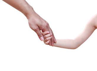 Father's day . Asian little child daughter hand on her father hand  isolated on white background  clipping path , care and support concept