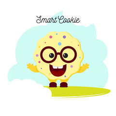 cute funny smart smile cookie kid baby character in glasses in cartoon flat style vector.