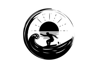 surfing with waves and sunset as the logo design inspiration