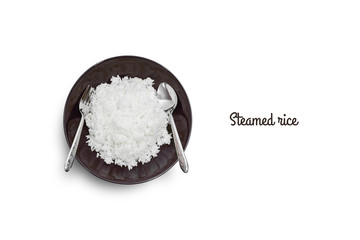 Steamed rice in a dark brown plate with a spoon and fork on a white color background,Clipping path and copy space.