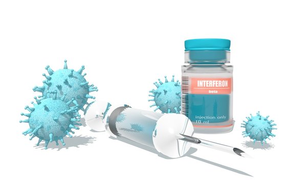 Medicine vial, viruses and syringe. Bottle label with interfeeron beta. Medical concept. 3D rendering