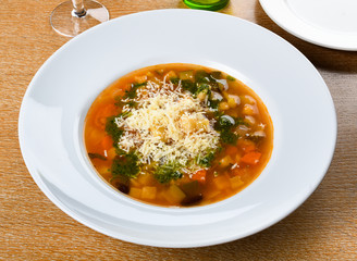 Minestrone is a thick soup of Italian origin made with vegetables, pasta and rice