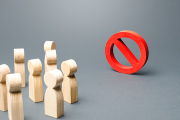 People look at red prohibition sign NO. Restriction of rights and freedoms, legislative prohibition...