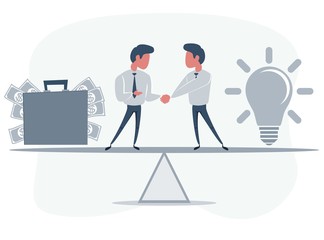 Business partners shaking hands as a symbol of unity. People standing on seesaw. Vector flat design illustration.