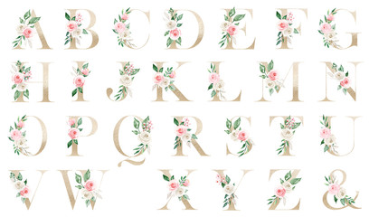 Floral gold alphabet, letters with watercolor flowers and leaves. Monogram perfectly for wedding invitation, greeting card, logo and other. Holiday design hand drawing. 