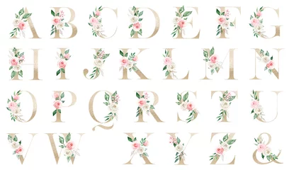 Papier Peint photo Licornes Alphabet d& 39 or floral, lettres avec des fleurs et des feuilles à l& 39 aquarelle. Monogramme parfaitement pour faire-part de mariage, carte de voeux, logo et autres. Dessin à la main de conception de vacances.
