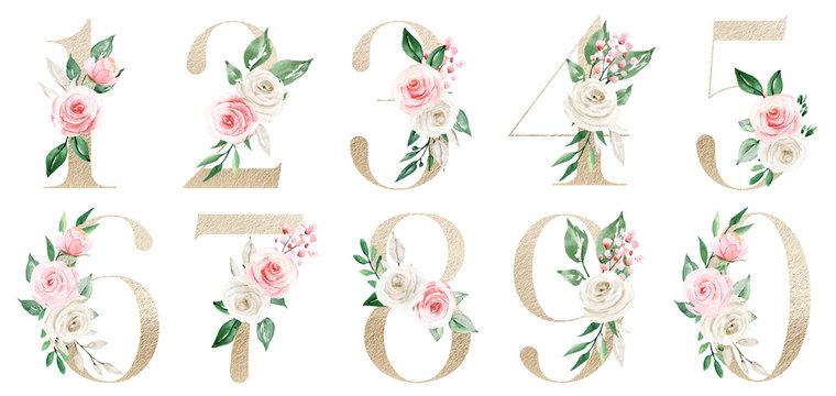 Floral gold numbers set with watercolor flowers and leaves. Perfectly for wedding invitation, greeting card, logo and other. Holiday design hand drawing. 
