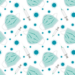 Seamless pattern set of medical masks protection from virus. Face pollution mask. Vector illustration of blue viruses and microbes. Design for print.
