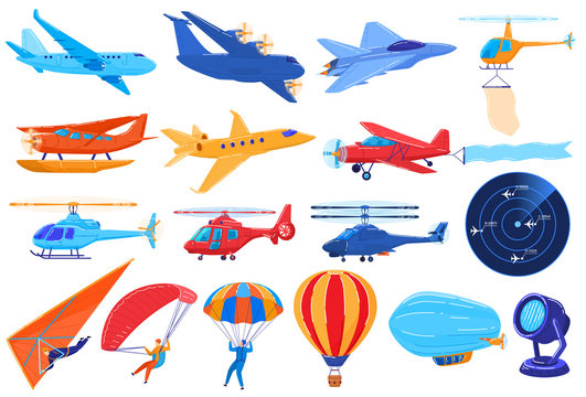 Air transport isolated on white, set of planes and helicopters in cartoon style, vector illustration. Airplane, parachute jump na paragliding sport people. Airship, hot air balloon aviation collection