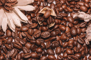 Roasted coffee beans scattered in close-up photo