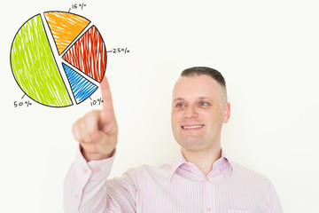 Portrait of happy mid adult Caucasian businessman wearing striped shirt pointing at virtual colorful percentage chart. Modern technology