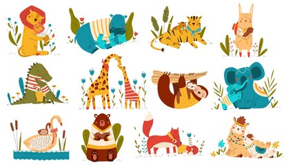 Cute animal baby and mom, parents love child cartoon character, set isolated on white, vector illustration. Collection of family stickers, happy mother and father with cub, zoo animals cuddling hugs