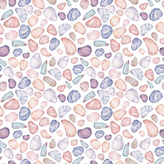 Watercolor seamless pattern of sea pebbles. Vacation and ocean background. Hand-drawn illustration.