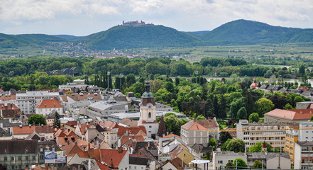 Krems city aerial panoramic view. Krems an der Donau is a small town located in Wachau Valley in Austria.