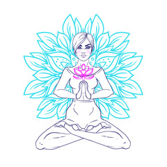 Chakra concept. Girl sitting in lotus position over colorful ornate mandala. Vector ornate decorative illustration isolated on white. Buddhism esoteric motifs. Tattoo, spiritual yoga.