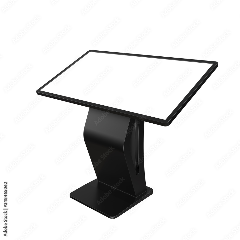 Poster black interactive information terminal. angle view of a touch screen kiosk stand. 3d render of a con