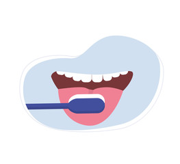 Brushing teeth and tongue with toothbrush. Smiling mouth with healthy teeth. Smile. Oral hygiene and dental  procedures concept. Cute vector illustration in flat style.