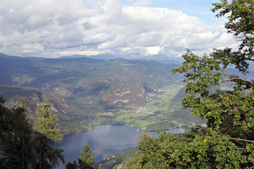 View with cloudy sky from Mount Vogel, Lake Bohinjsko jezero, Bohinj, Slovenia