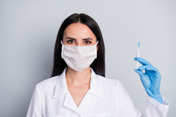 Close-up portrait of her she nice attractive girl expert specialist doc therapist treating grippe flu flue infection symptom syndrome making prick isolated over grey pastel color background