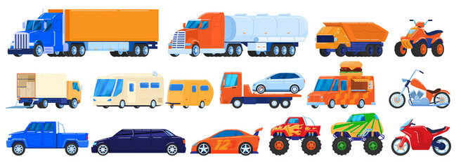 Cars isolated on white, trucks and industrial vehicles set, motorcycle and camper van, vector illustration. Commercial and private transport, tow truck, racing car. Delivery service, cargo lorry icon © Seahorsevector
