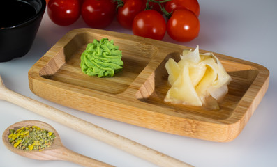 Traditional assortment of sushi, nigiri, sashimi platter, with black and white background