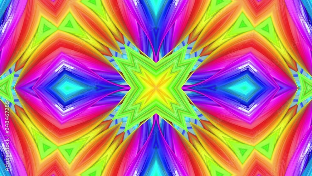 Poster beautiful kaleidoscopic effect of rainbow color ribbons. 4k seamless looped abstract background with