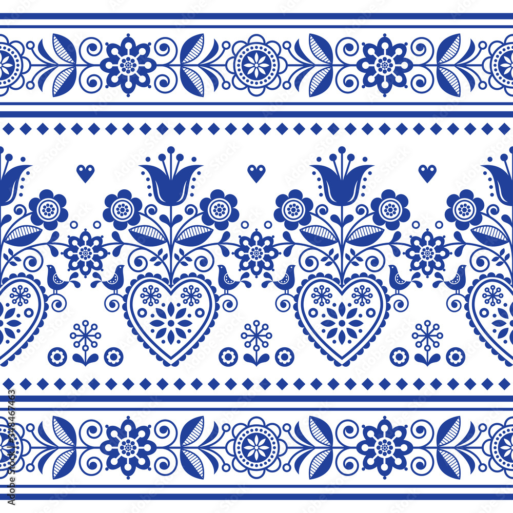 Poster scandinavian folk art seamless vector pattern with birds and flowers, nordic repetitive decoration w