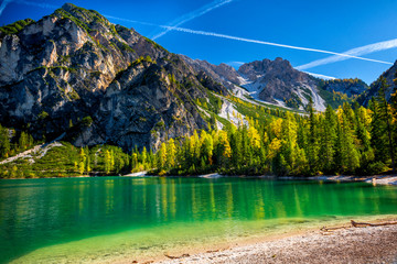 Braies Lake (Pragser Wildsee), Dolomites, Trentino Alto Adige, Italy