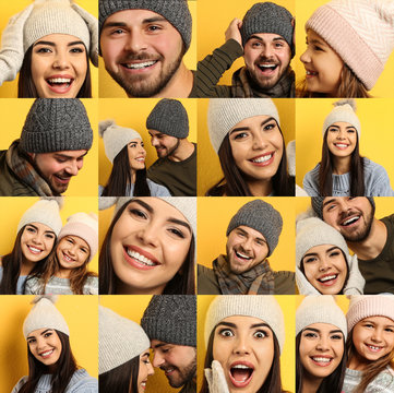 Collage with photos of people wearing warm clothes on yellow background. Winter vacation