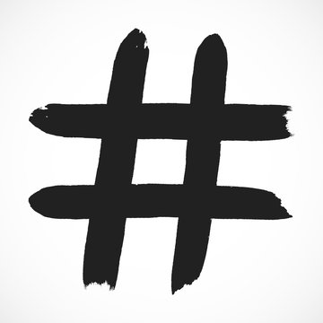 Hashtag hand drawn brush stroke dirty art symbol icon sign isolated on white background. Black and white composition of the symbol hashtag.