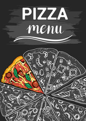 Pizza menu. Dark banner with different slices of pizza. Hand drawn vector illustration