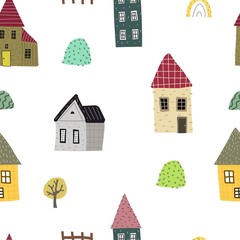 seamless pattern with cartoon houses, trees. colorful vector for kids, flat style. Baby design for fabric, textile, print, wrapper.