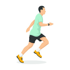 Fototapeta na wymiar Running man in modern style vector illustration, healthy person simple flat shadow isolated on white background.