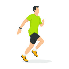 Running man in modern style vector illustration, healthy person simple flat shadow isolated on white background.