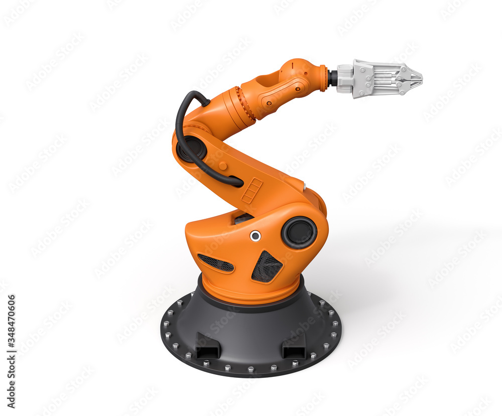 Poster 3d rendering of orange robotic arm isolated on white background