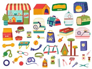 Pet shop assortment, products for animals, set of hand drawn items isolated on white, vector illustration. Store supply and accessories for pets, cats and dogs. Stickers for animal shop, colorful icon