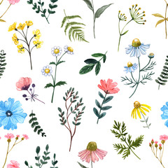 Naklejki  Kwiaty w akwarela bezszwowe wzór. Ładny druk botaniczny, ilustracja kwitnąca pole z kwiatami i ziołami na białym tle. Ręcznie rysowane tekstury. Kolorowe kwiaty tapety