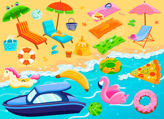 Summer beach vacation items set, holiday recreation resort accessories, vector illustration. Sand castle, chairs and towels for beach relax, umbrella and inflatable ring in sea water. Summertime trip