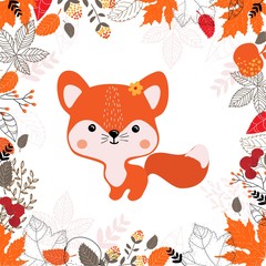 Vector illustration of cute little Fox in autumn forest, flat design