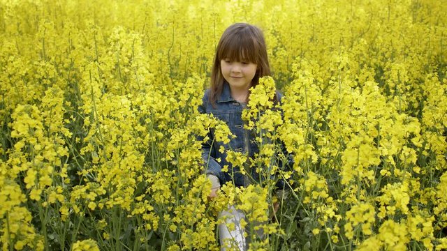 Cute happy little girl 6-8 years old walking in the summer in a yellow canola field