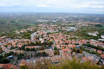 Fototapeta na wymiar Bird eye view over Republic of San Marino from Monte Titano (