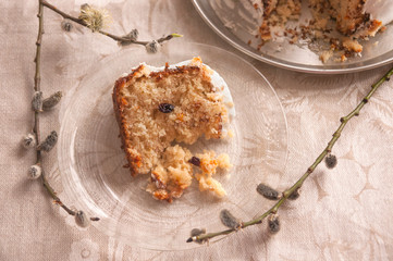 Piece of homemade Easter cake on a glass plate