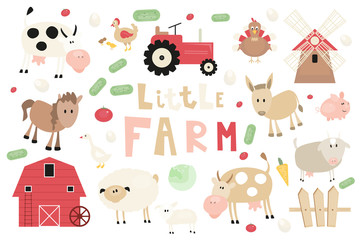 Farm Animals and Objects Set. Cartoon clip arts in Rustic Style. Isolated on White background. Vector illustration. Cow, Sheep, Goat, Barn, Tractor, Vegetables and other Farm Elements Cut Out.