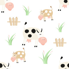 Farm Seamless pattern - Farm Animals  - Cartoon Funny Cows. Rustic background. Vector Illustration. Print for Wallpaper, Baby Clothes, Wrapping Paper. Don't contain clipping mask and gradient.