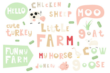 Lettering. Farm Words and Phrases Set. Hand Drawn Quotes, Phrases and Words. Vector Illustration.