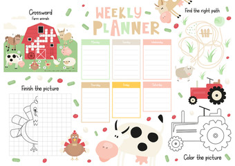 Little Farm Kids Weekly Planner Template. Schedule for Children. Set of Kids Puzzles for Preschool, Kindergarten, School. Vector illustration. Cute Farm Animals and Objects.